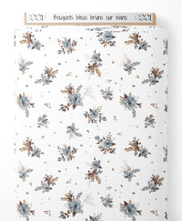 Tissu - Bouquets bleus bruns sur blanc