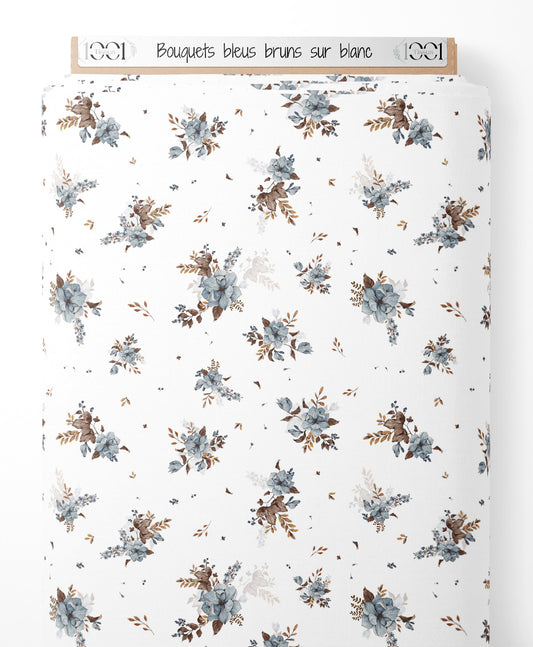 Tissu - Bouquets bleus bruns sur blanc