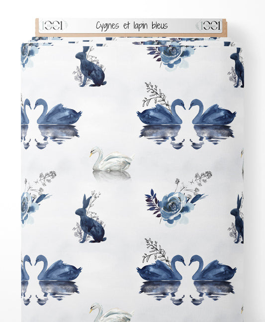 Tissu - Cygnes et lapin bleus