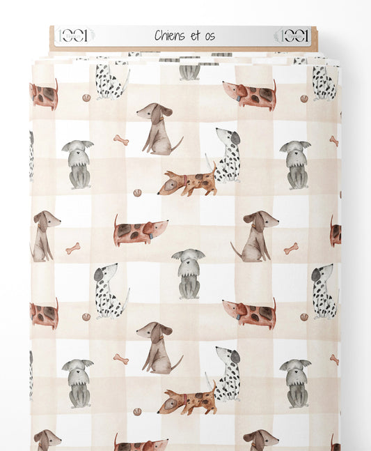 Tissu - Chiens et os sur fond