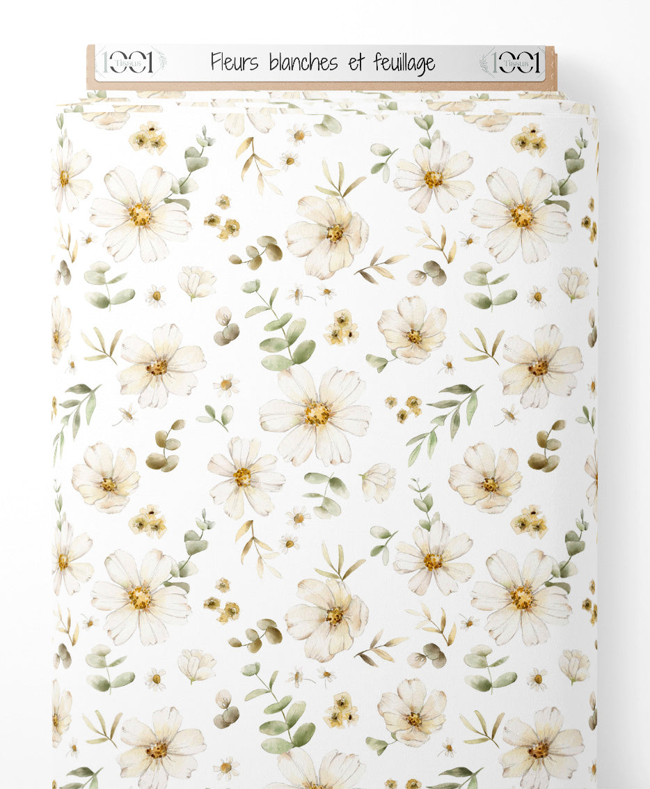 Tissu - Fleurs blanches et feuillage