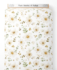 Tissu - Fleurs blanches et feuillage