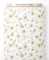 Tissu - Fleurs blanches et feuillage