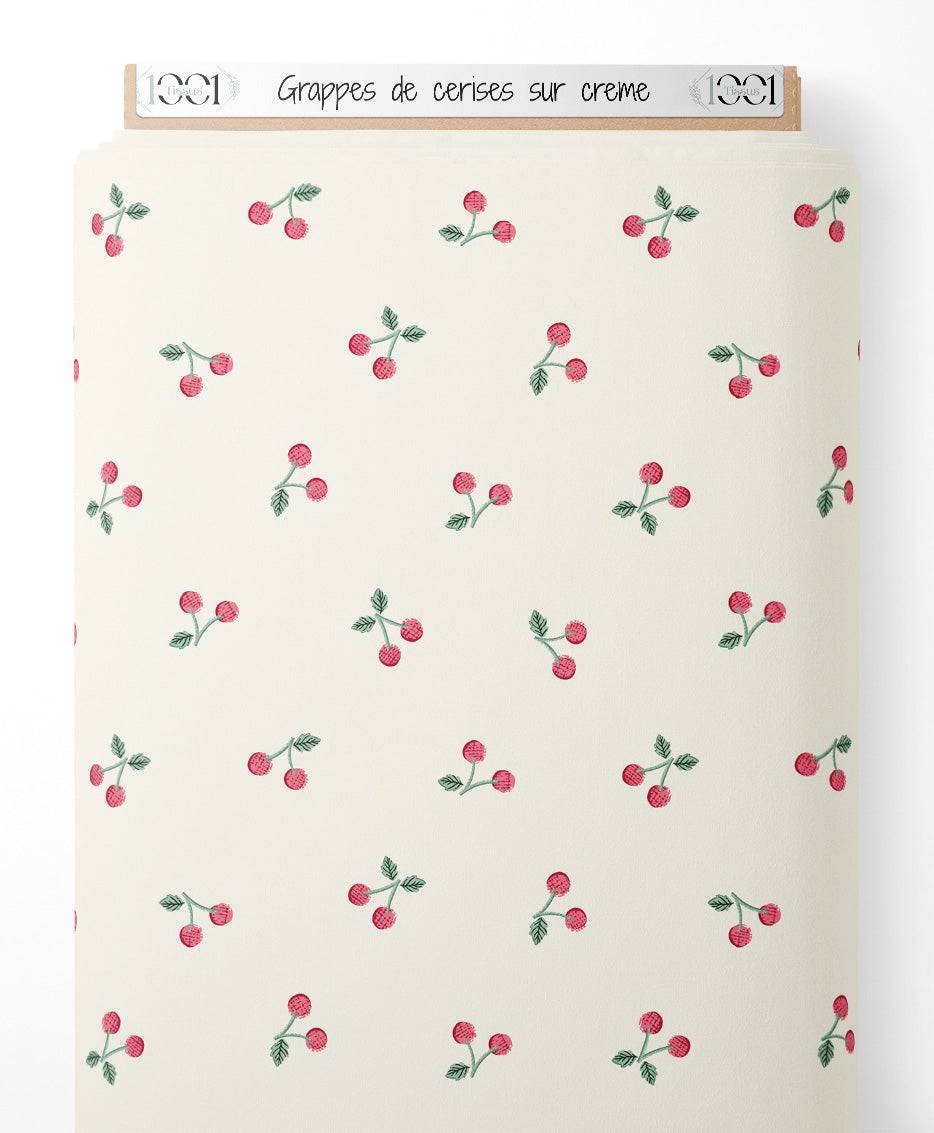 Tissu - Grappes de cerises sur crème