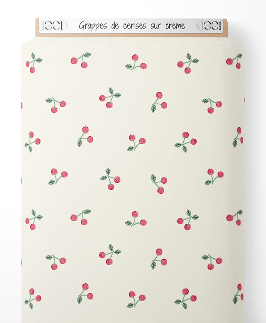 Tissu - Grappes de cerises sur crème
