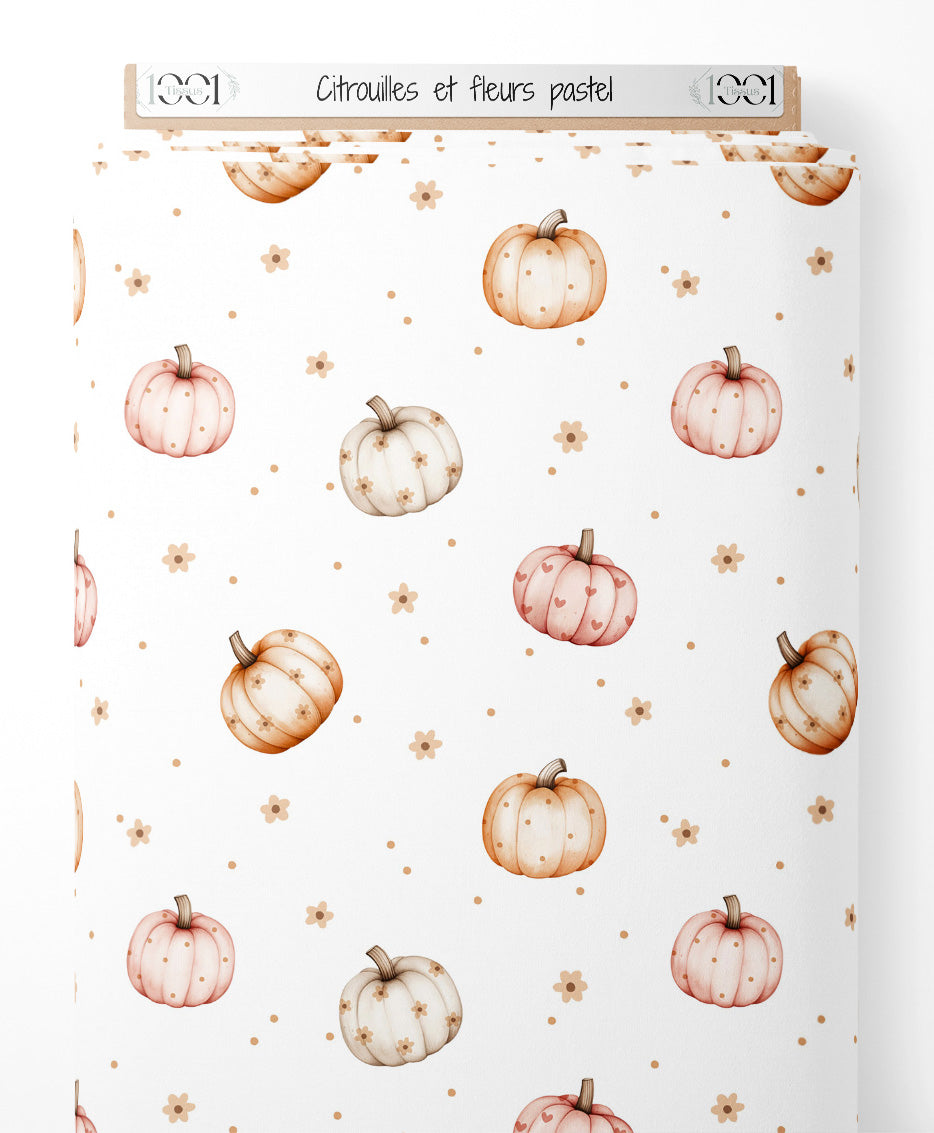 Tissu - Citrouilles et fleurs pastel