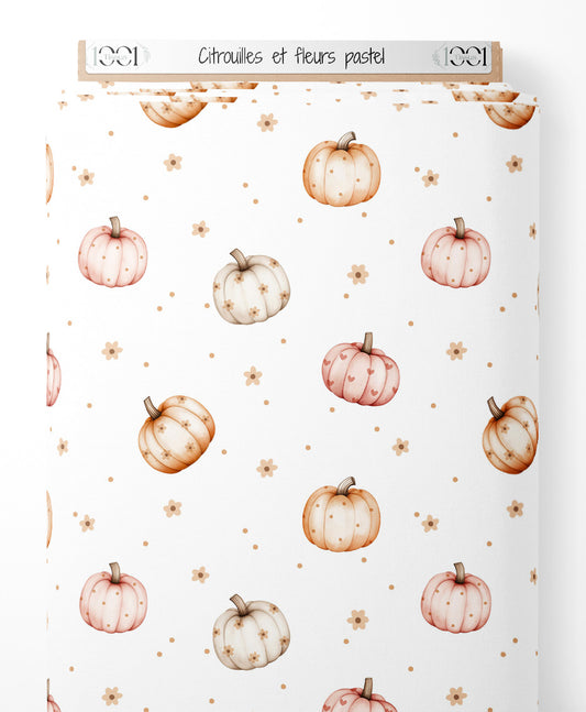 Tissu - Citrouilles et fleurs pastel