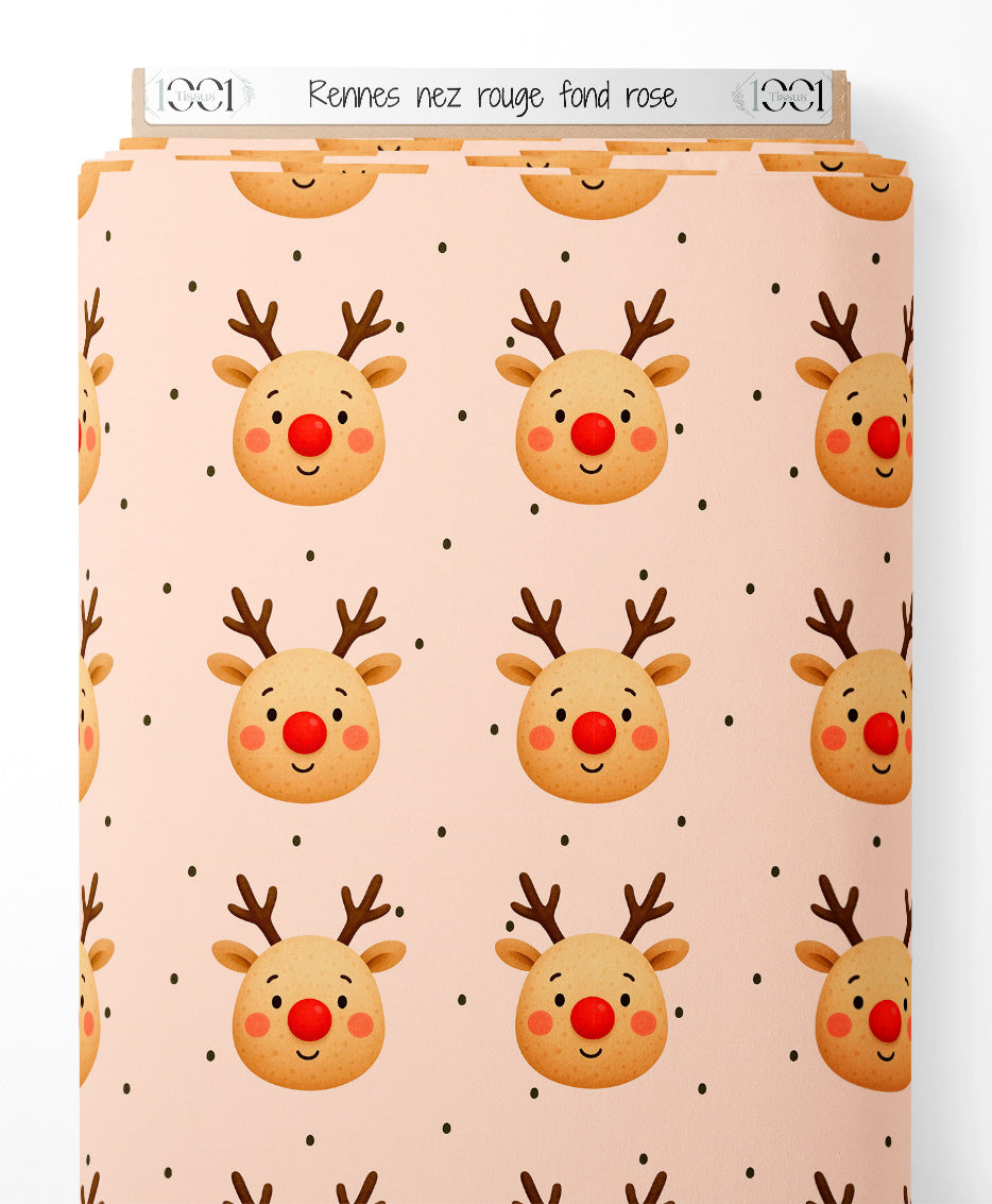 Tissu - Rennes nez rouge fond rose