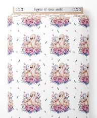 Tissu - Cygnes et roses pastel