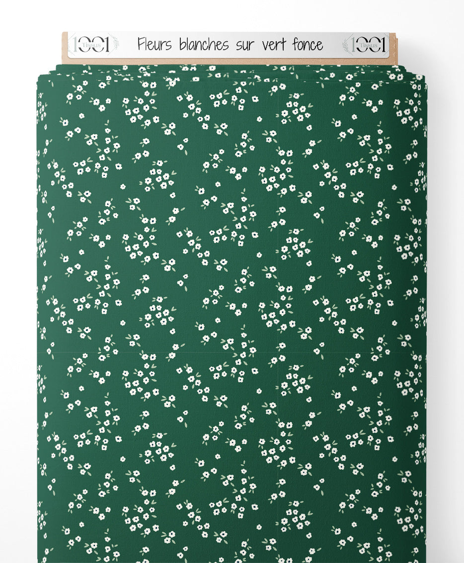 Tissu - Fleurs blanches sur vert foncé
