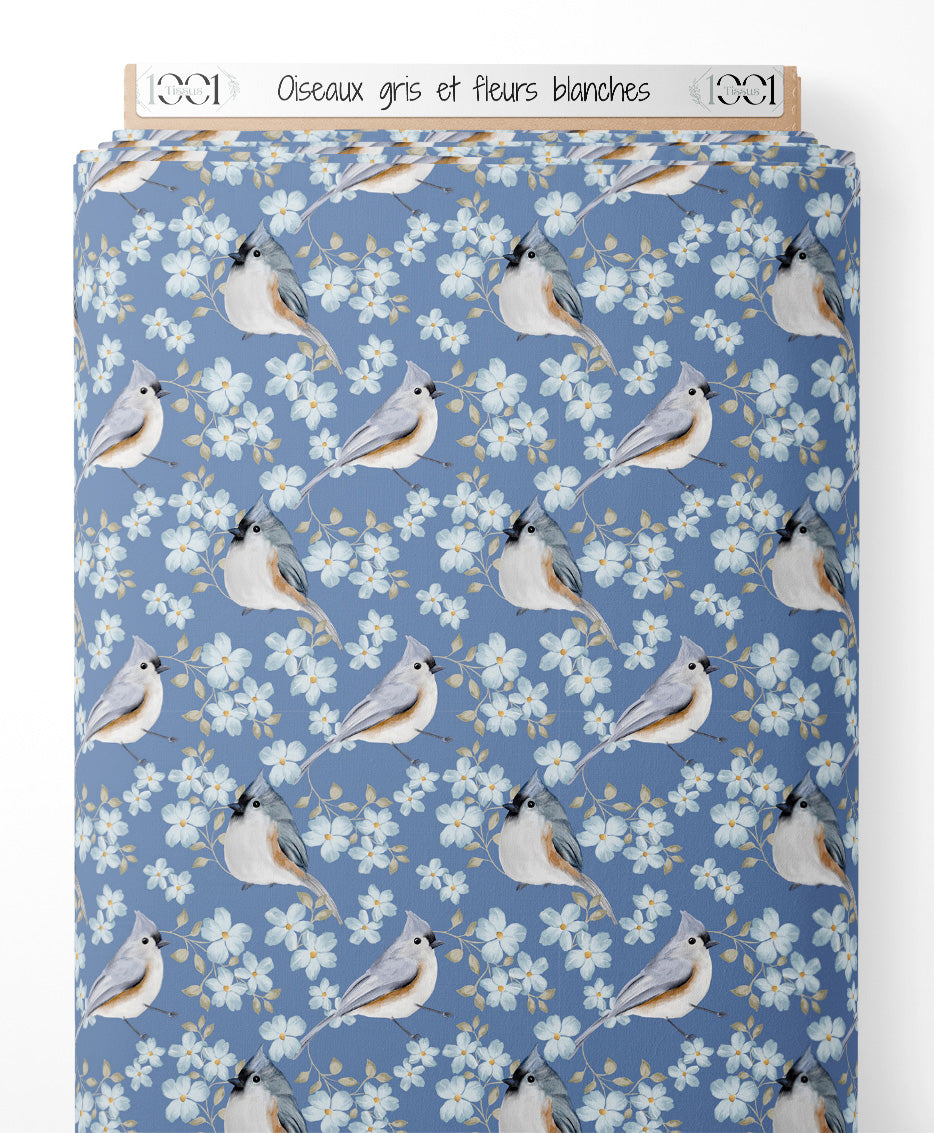 Tissu - Oiseaux gris et fleurs blanches