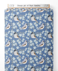Tissu - Oiseaux gris et fleurs blanches
