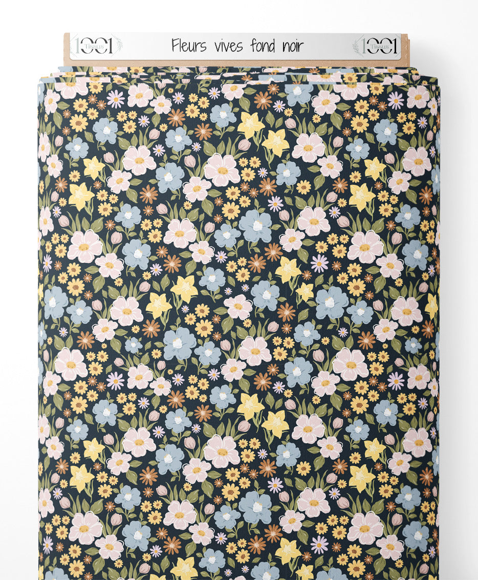 Tissu - Fleurs vives sur fond noir