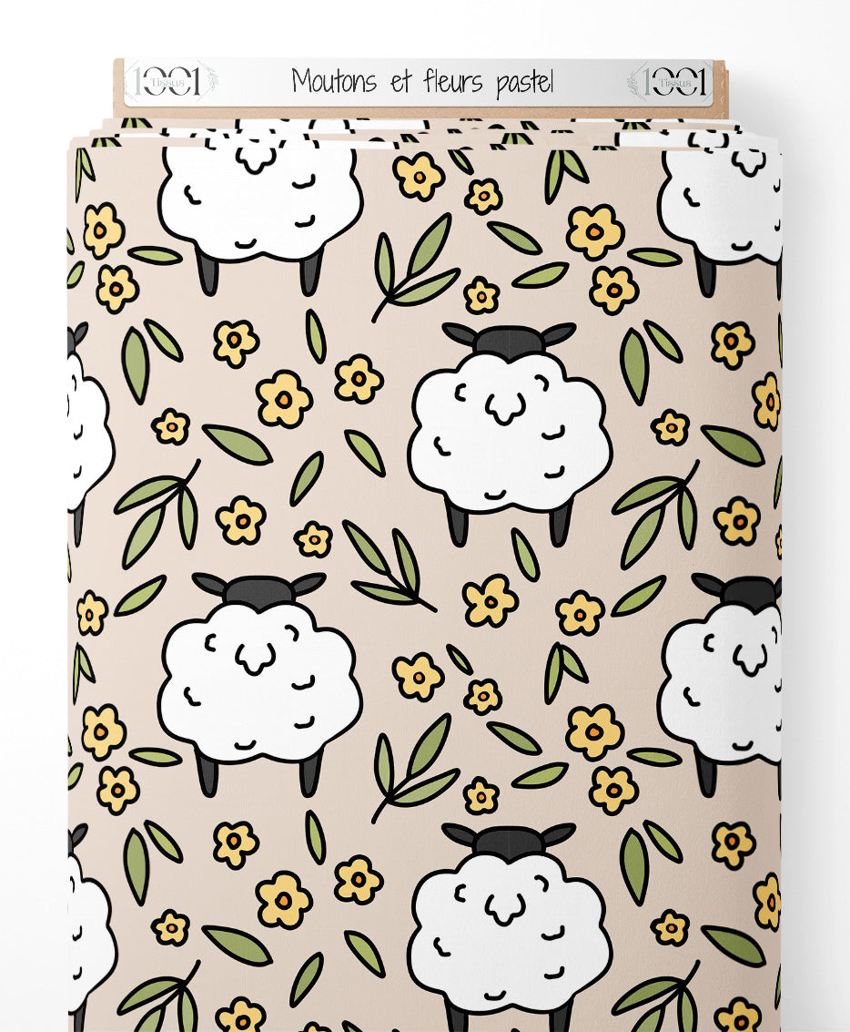 Tissu - Moutons et fleurs pastel