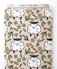 Tissu - Moutons et fleurs pastel