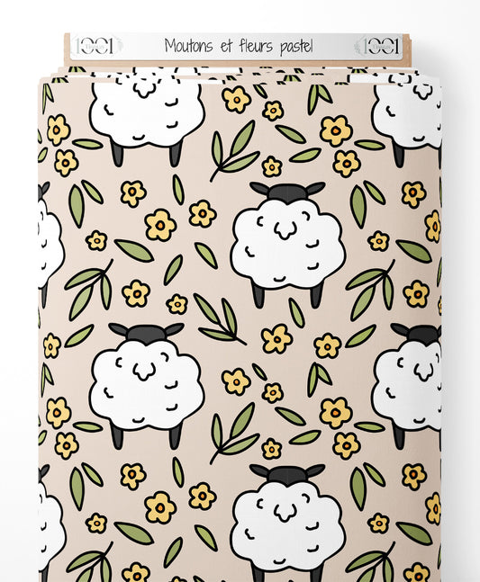 Tissu - Moutons et fleurs pastel