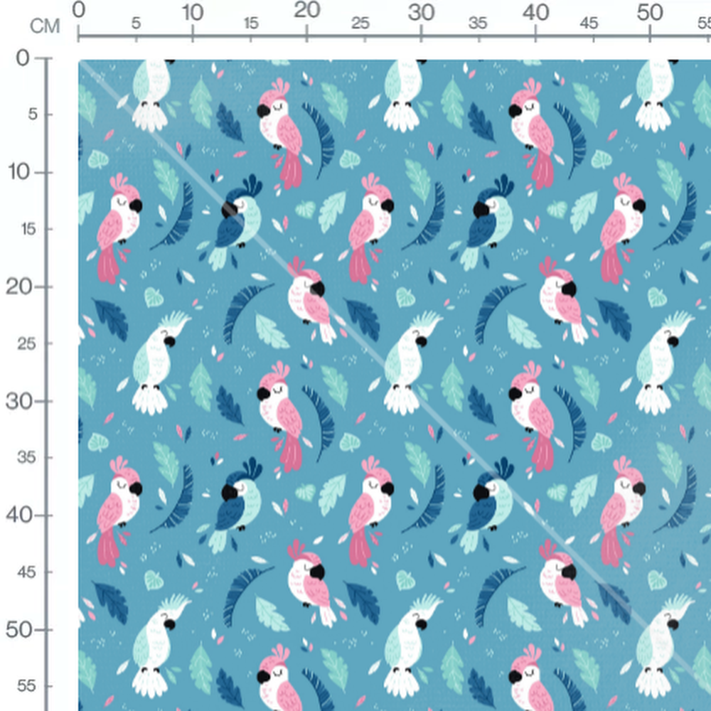 Tissu - Perroquets et feuilles bleues