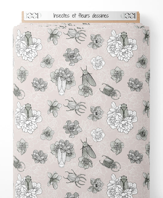 Tissu - Insectes et fleurs dessinés