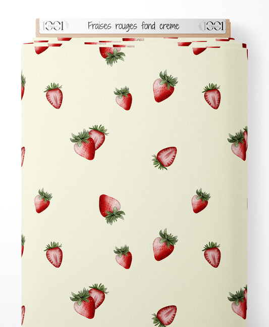 Tissu - Fraises rouges sur fond crème