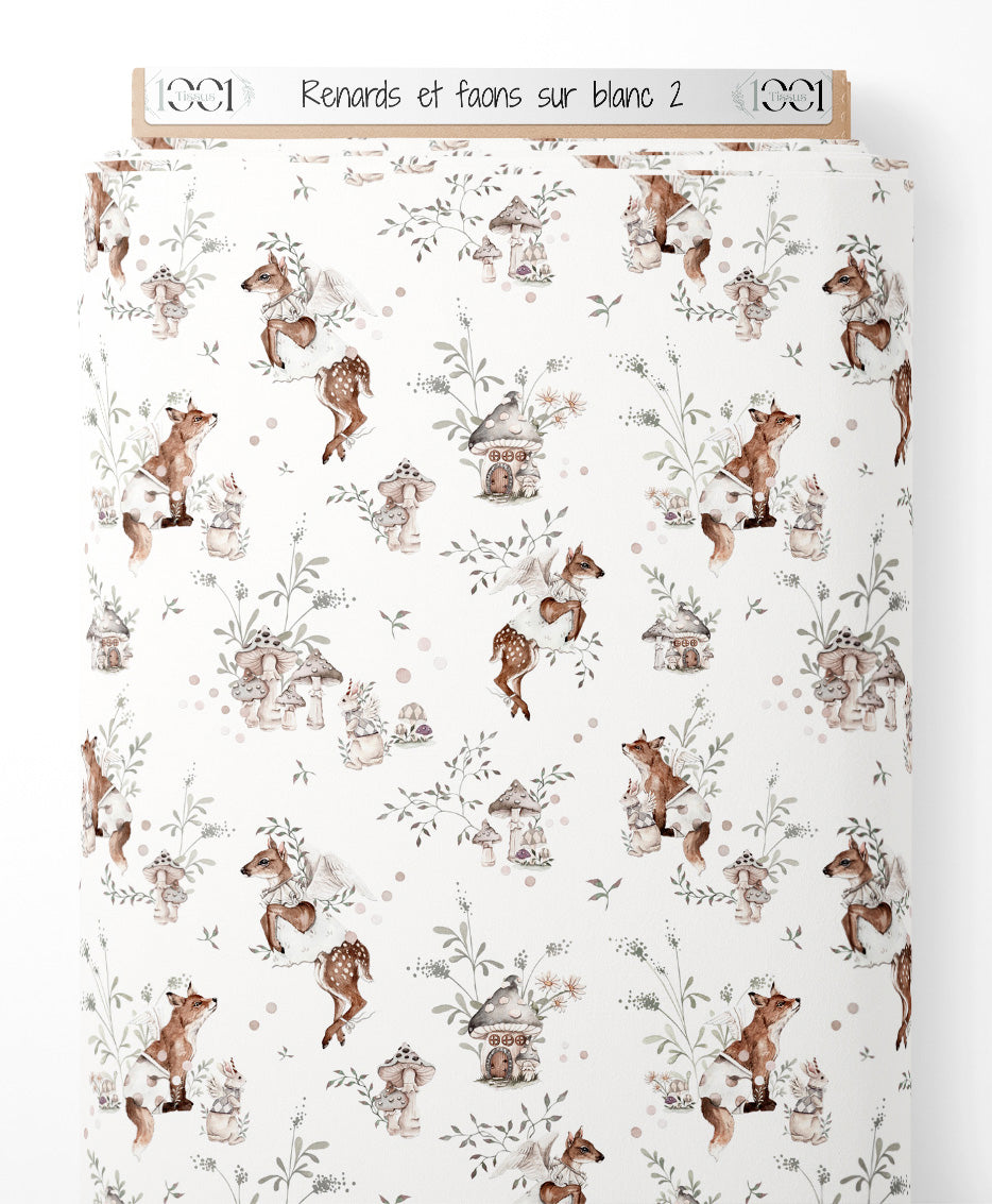 Tissu - Renards et faons sur blanc 2