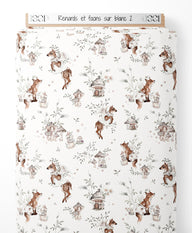 Tissu - Renards et faons sur blanc 2