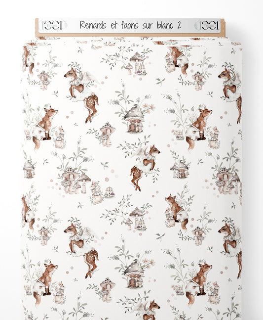 Tissu - Renards et faons sur blanc 2