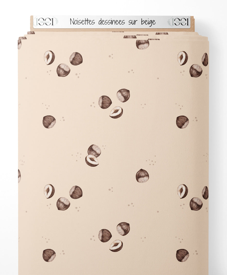 Tissu - Noisettes dessinées sur beige