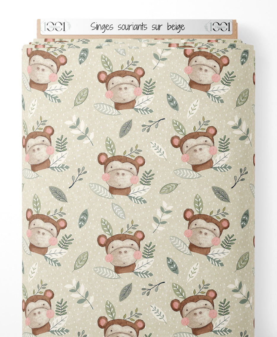 Tissu - Singes souriants sur beige