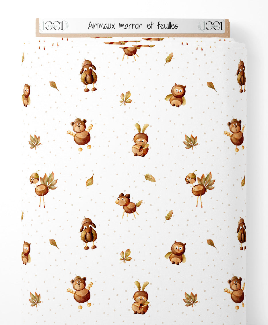 Tissu - Animaux marron et feuilles