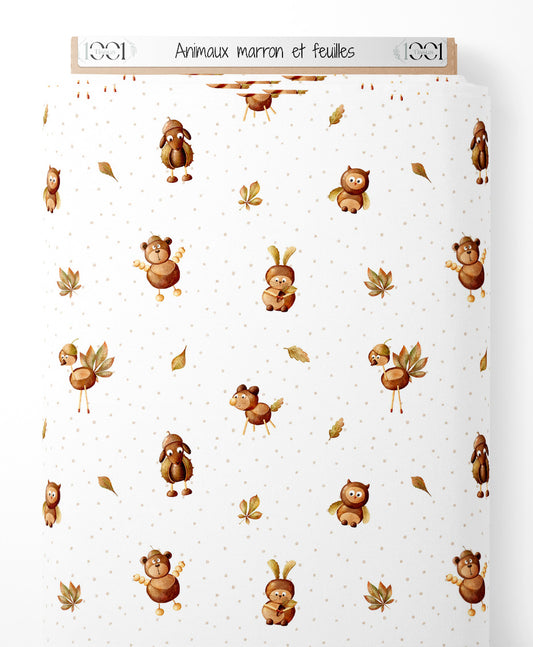 Tissu - Animaux marron et feuilles