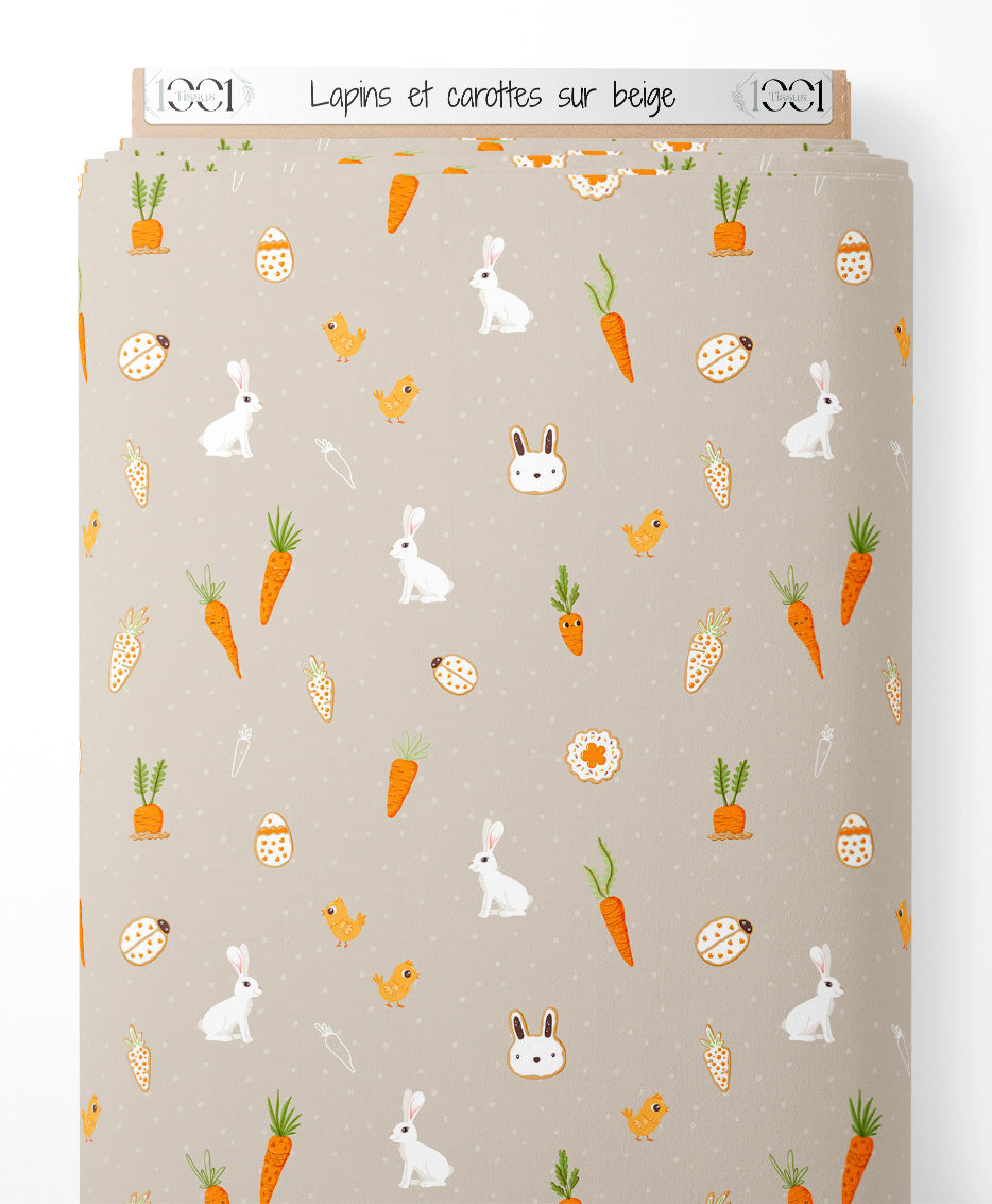 Tissu - Lapins et carottes sur beige