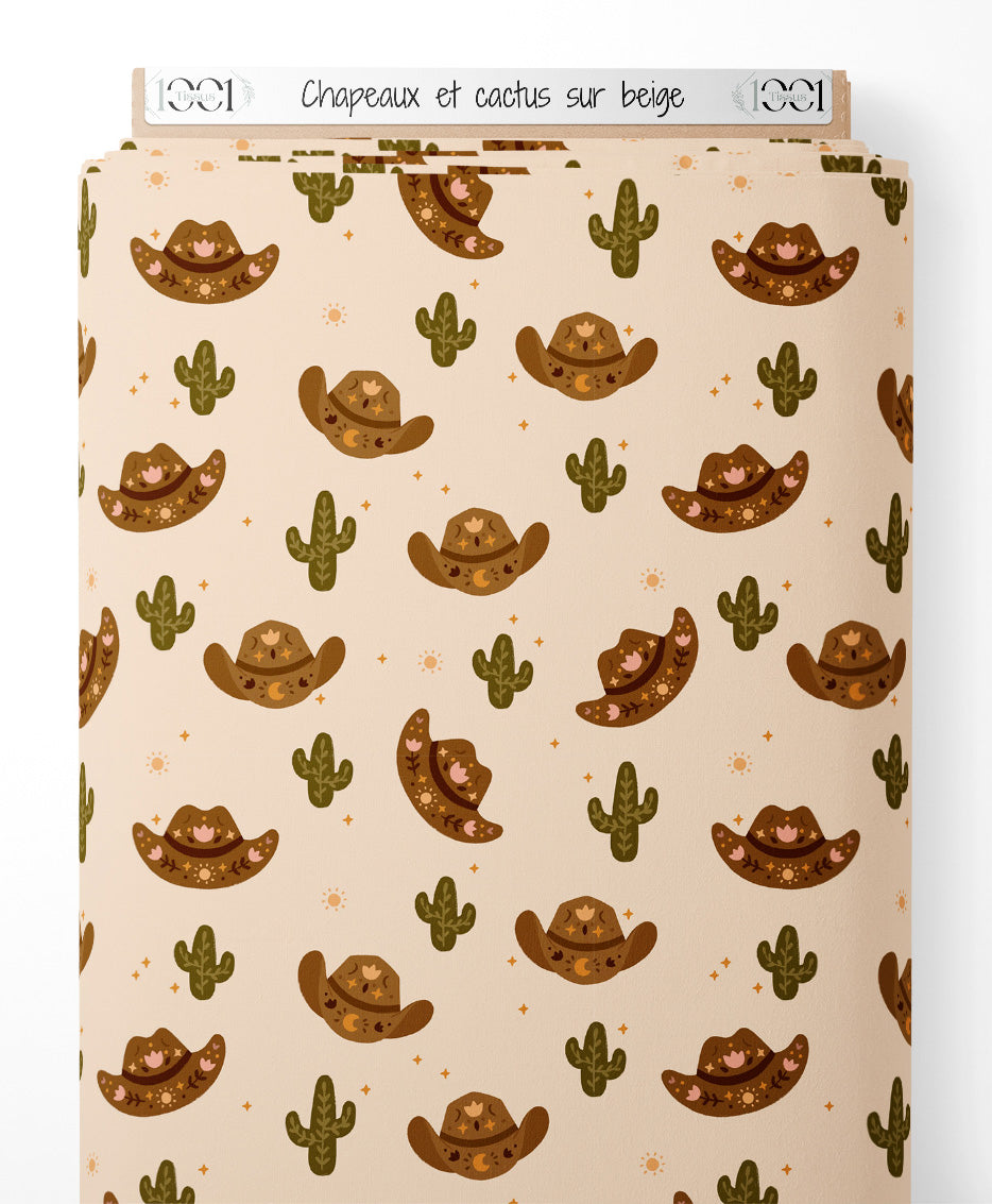 Tissu - Chapeaux et cactus sur beige