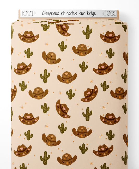 Tissu - Chapeaux et cactus sur beige