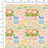 Tissu - Animaux colorés sur fond rose