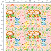 Tissu - Animaux colorés sur fond rose