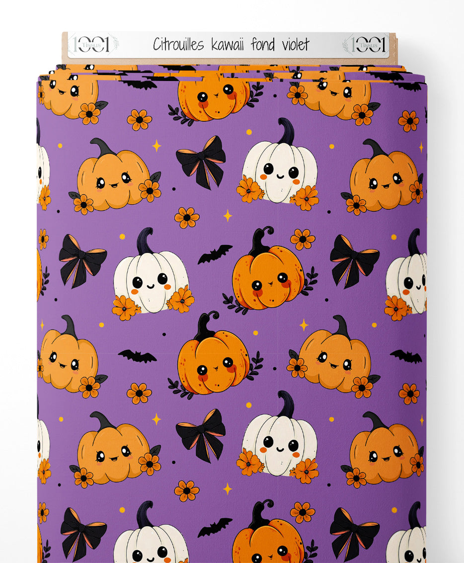 Tissu - Citrouilles kawaii sur fond violet