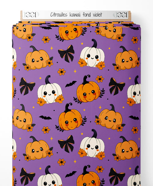 Tissu - Citrouilles kawaii sur fond violet