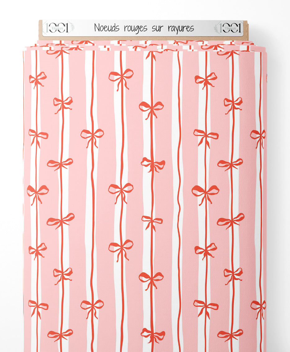 Tissu - Nœuds rouges sur rayures