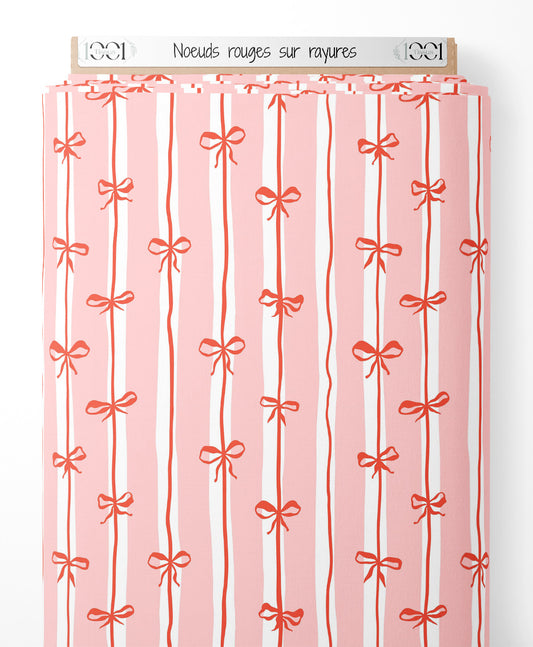 Tissu - Nœuds rouges sur rayures