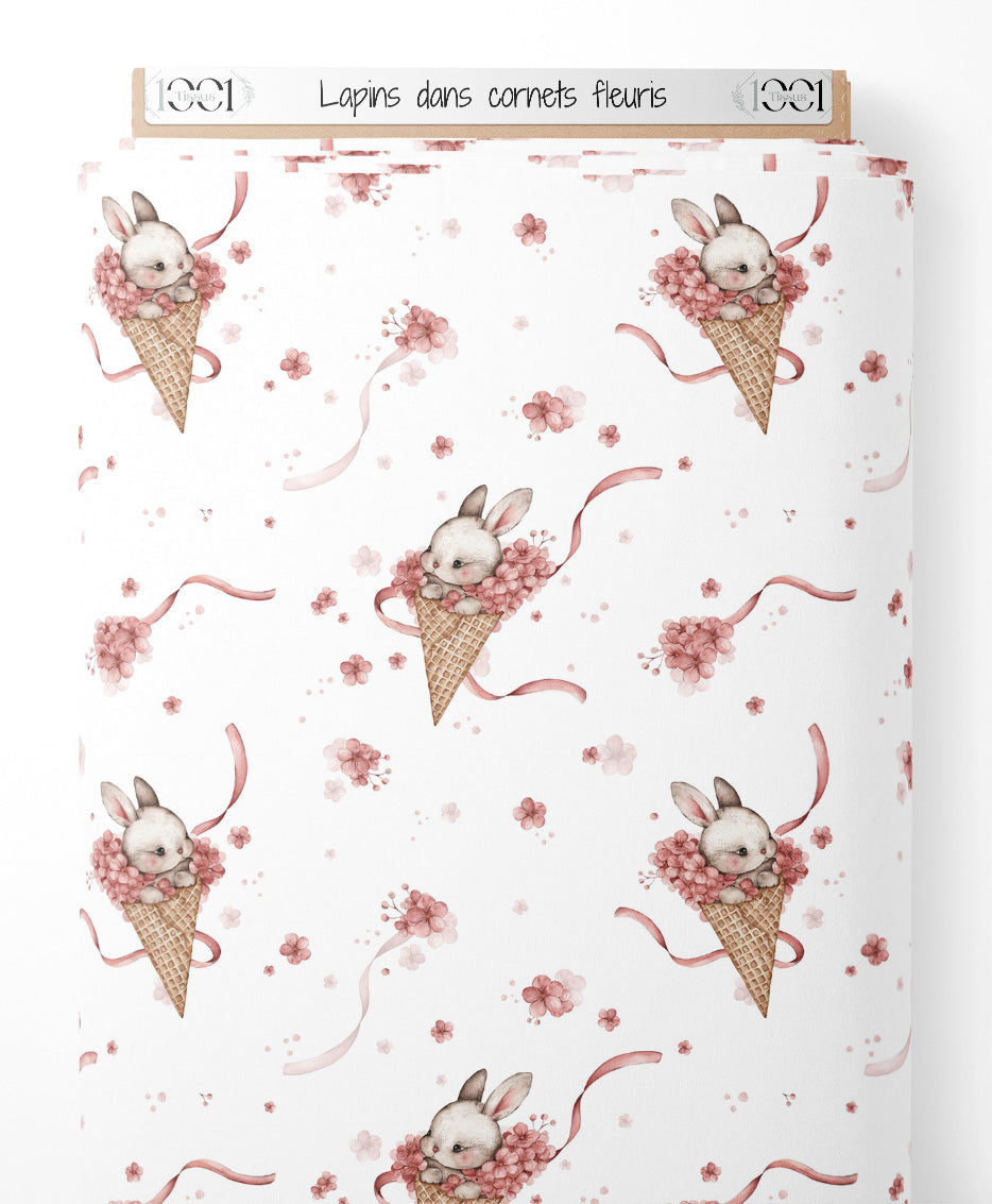 Tissu - Lapins dans cornets fleuris