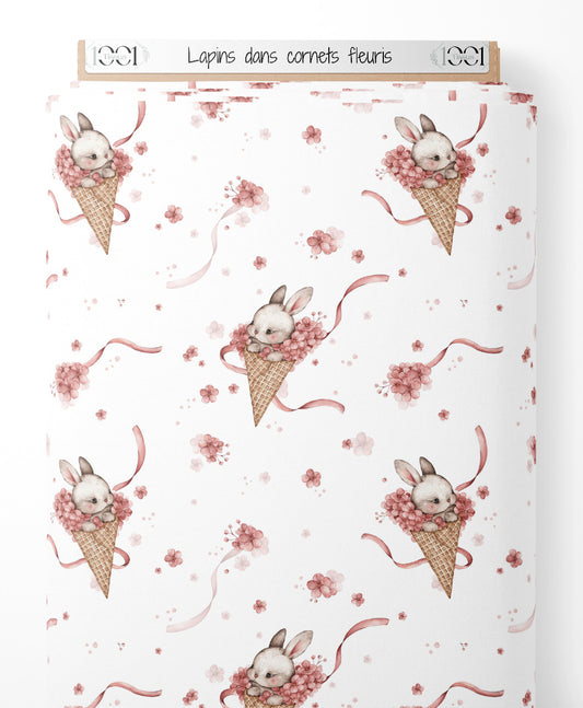 Tissu - Lapins dans cornets fleuris