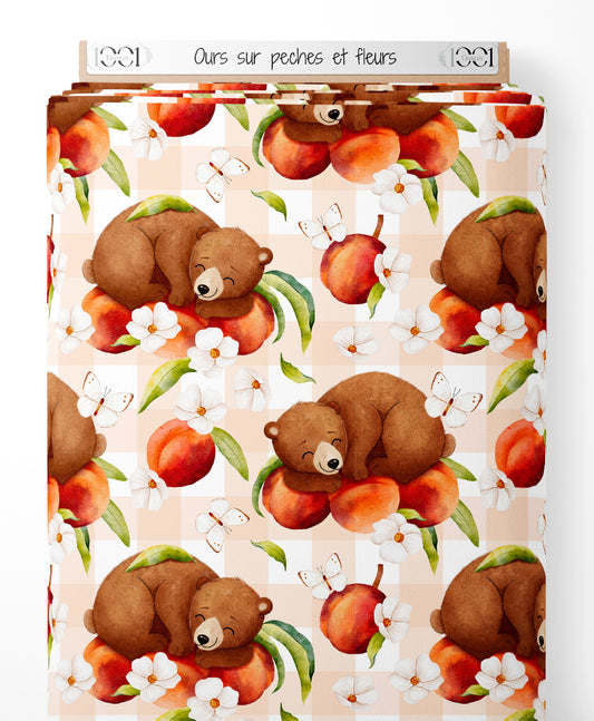 Tissu - Ours sur pêches et fleurs