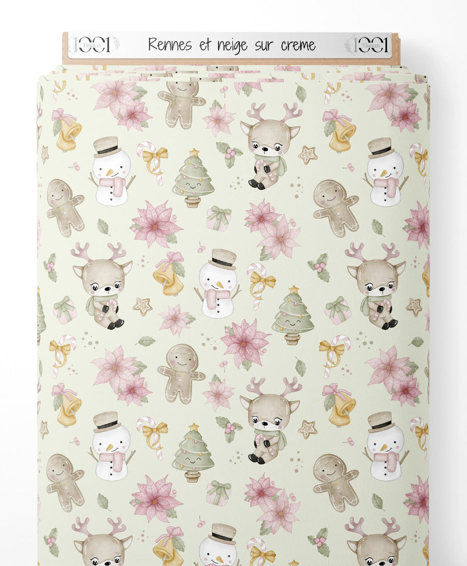 Tissu - Rennes et neige sur crème