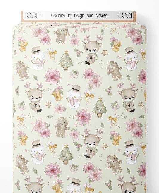Tissu - Rennes et neige sur crème