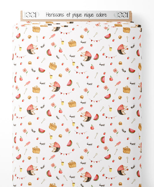 Tissu - Hérissons et pique-nique coloré