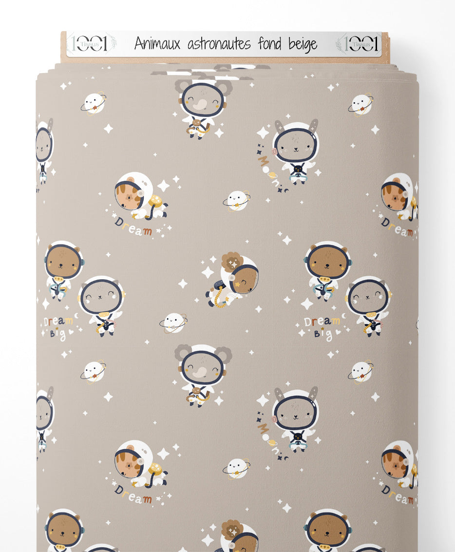 Tissu - Animaux astronautes sur fond beige