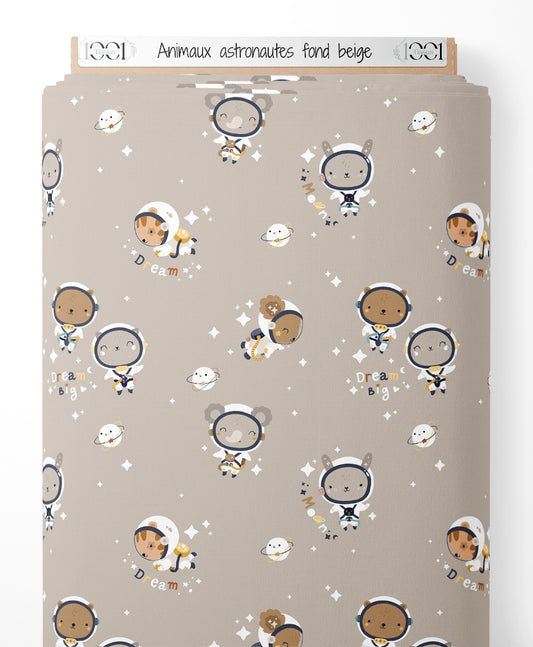 Tissu - Animaux astronautes sur fond beige