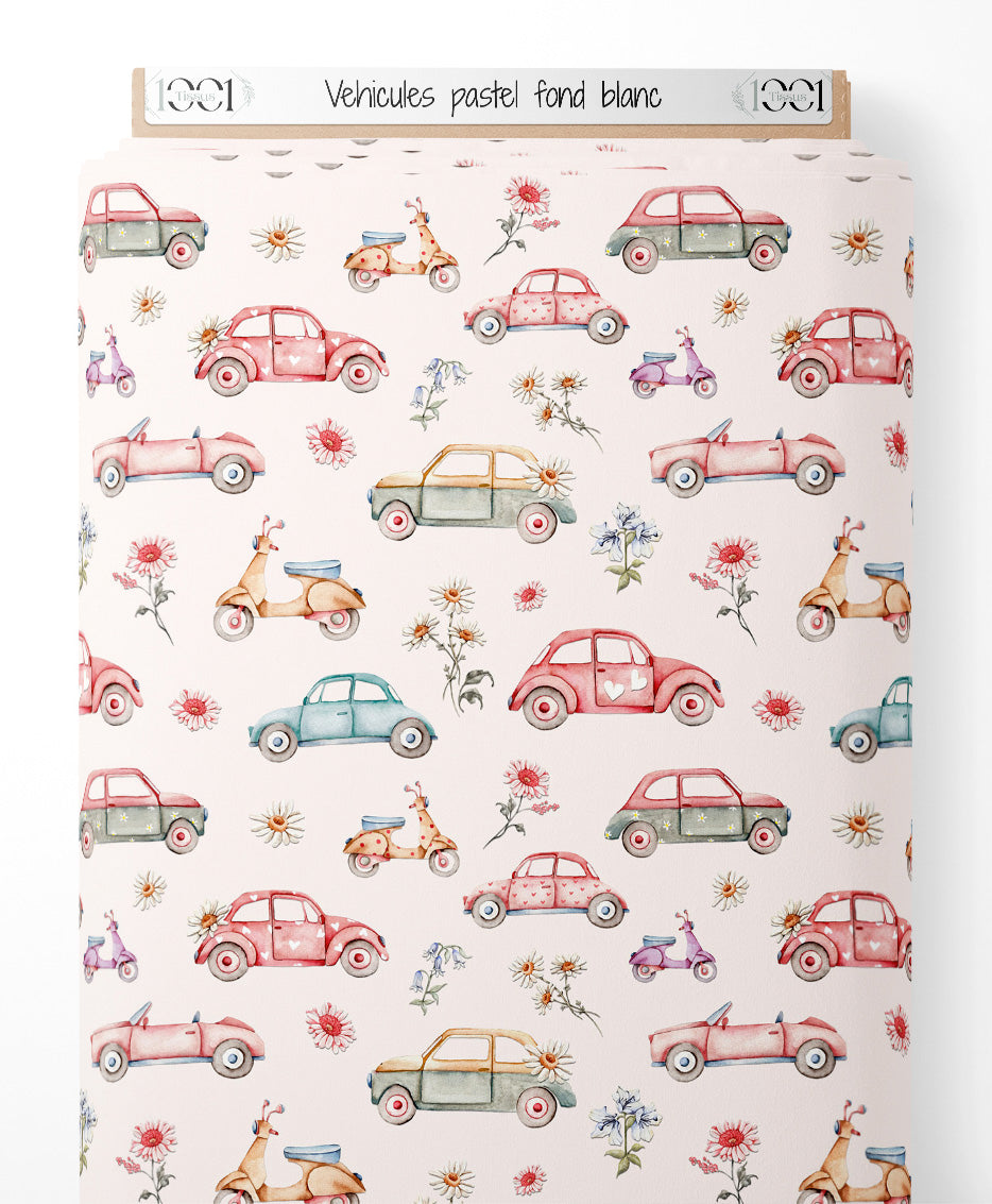 Tissu - Véhicules pastel sur fond blanc