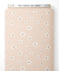 Tissu - Fleurs blanches avec contours