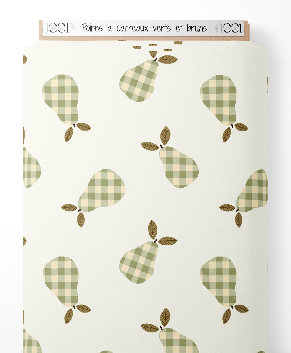 Tissu - Poires à carreaux verts et bruns